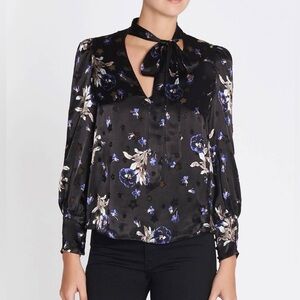 Rebecca Taylor Satin Burnout Scarf Neck Top - Violet Floral Size 4